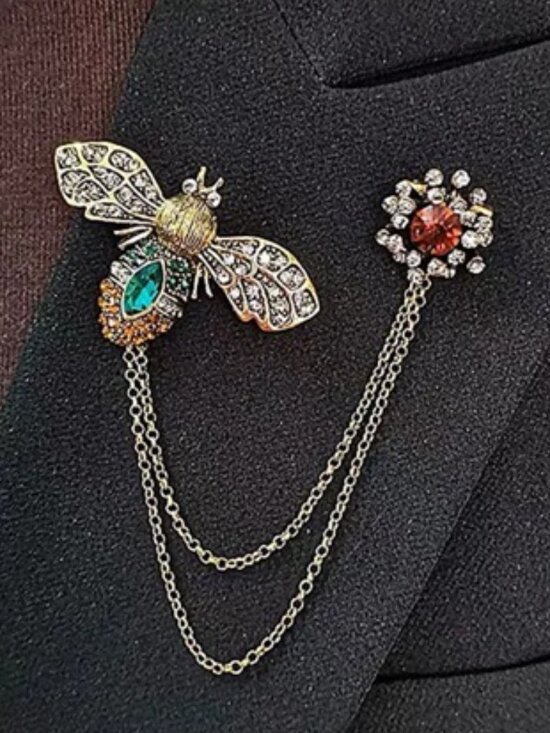 Jewelry - DESIGNER Retro Burnished Gold Queen Bee Clear/Red/Green Crystal Double Brooch